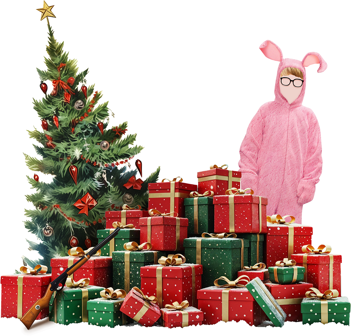 Trees, presents, a BB Gun, and the bunny suit