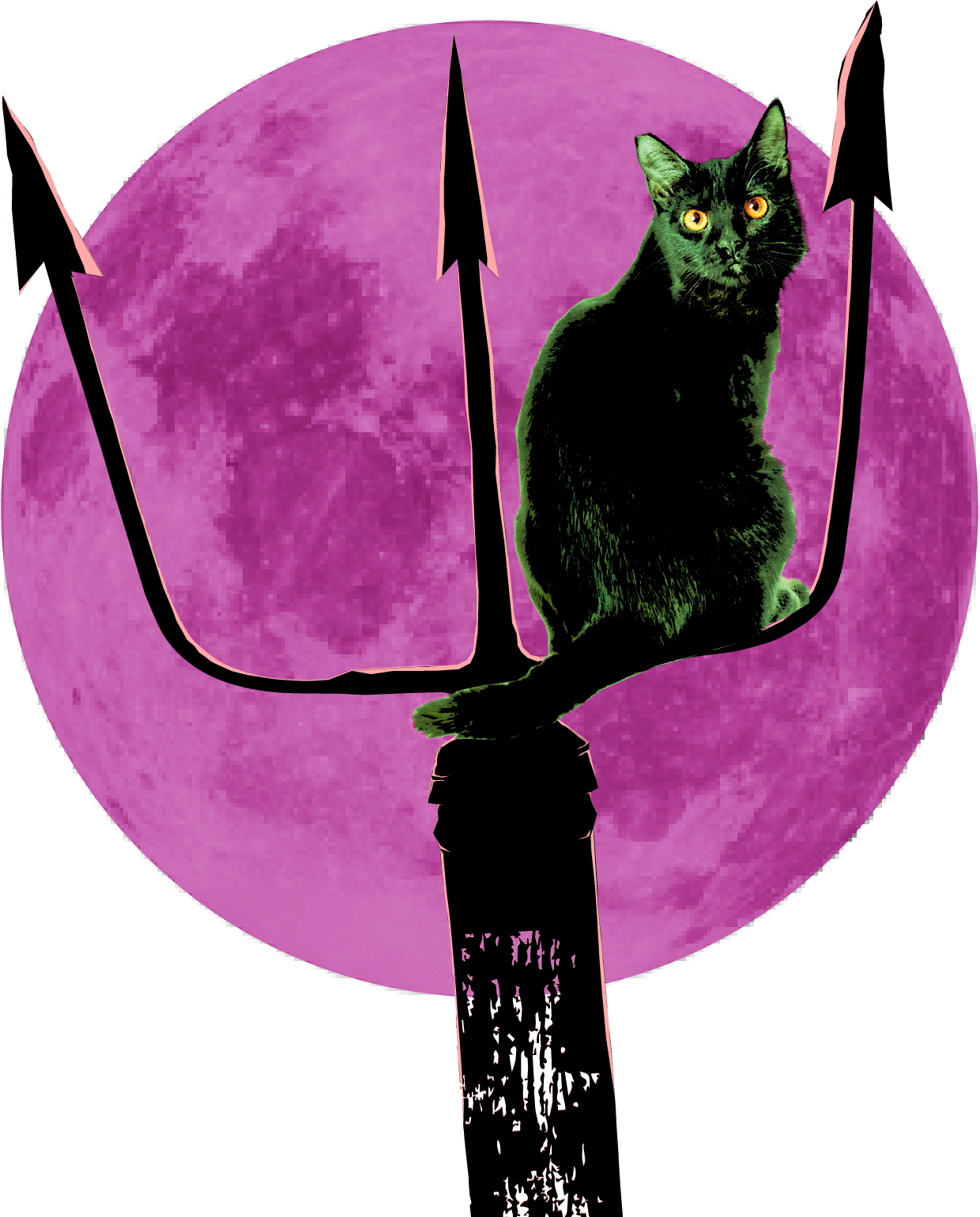 cat with pitchfork in front of a purple moon